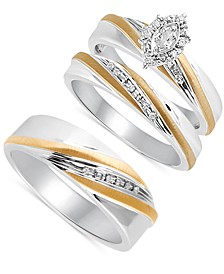 Beautiful Beginnings Diamond Accent Engagement Ring Set for Her and Band for Him in Sterling Silver and 14k Gold