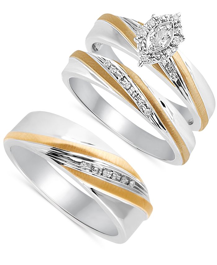 Macy's - Beautiful Beginnings Diamond Accent Ring Set for Her and Band for Him in Sterling Silver and 14k Gold