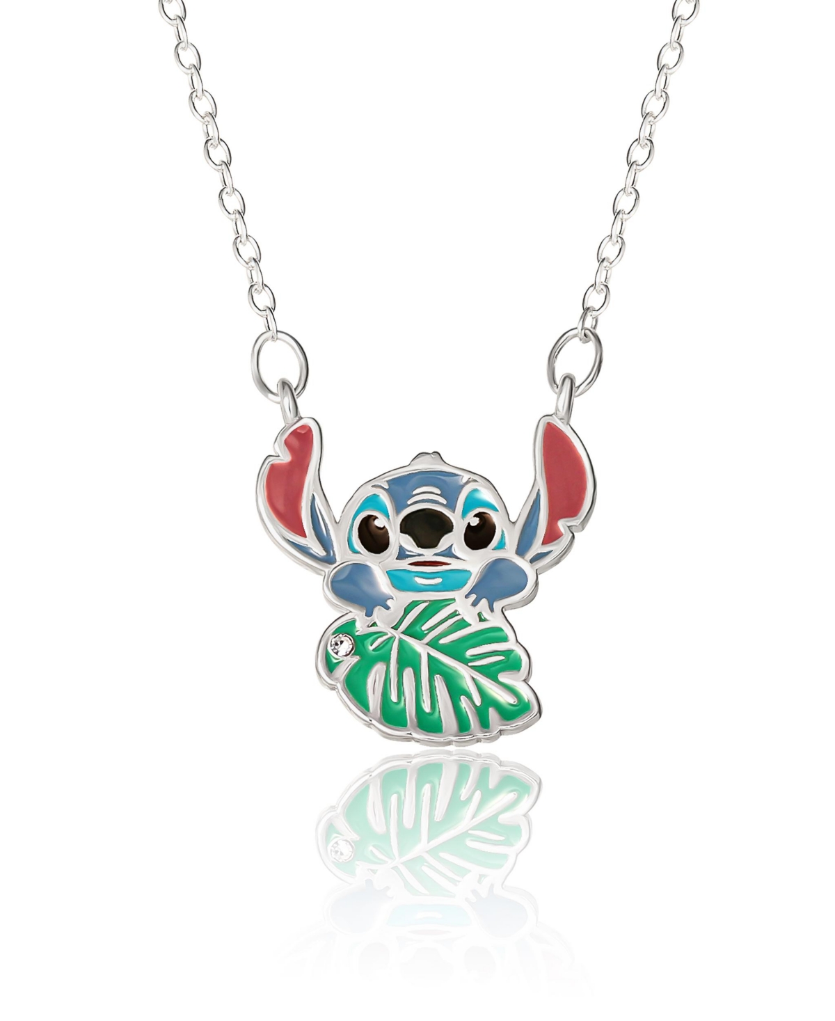 Lilo and Stitch Silver Plated Stitch Leaf Pendant Necklace - Green, blue, silver tone