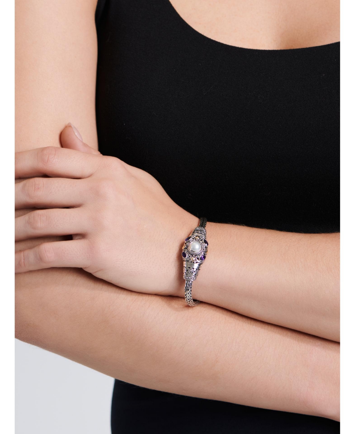 Devata Amethyst, Freshwater Cultured Pearl & Bali Filigree with Dragon Bone Oval 5mm Chain Bracelet in Sterlingand 18K Gold - Silver