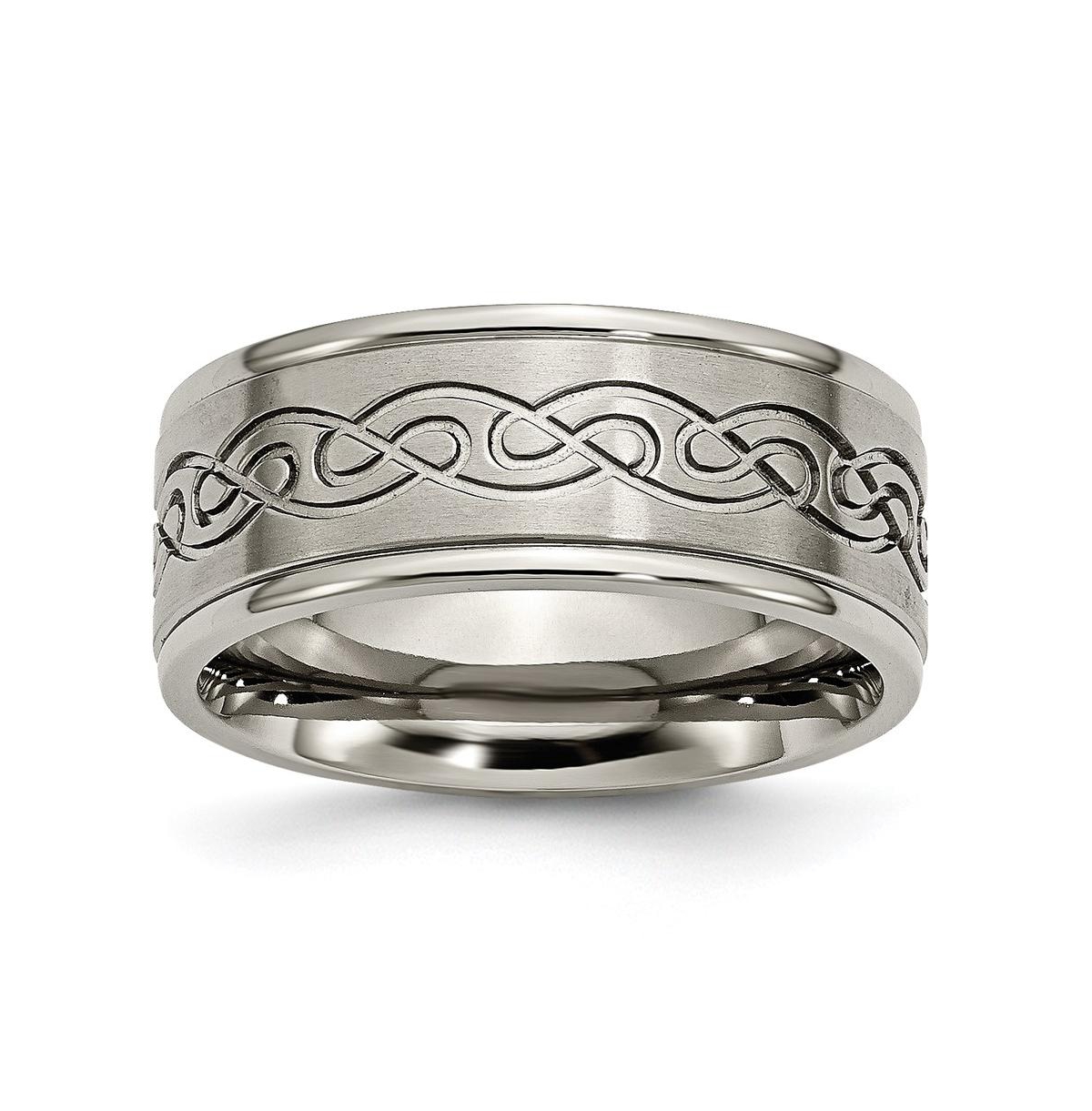 Titanium Brushed Center Scroll Design Wedding Band Ring - Grey