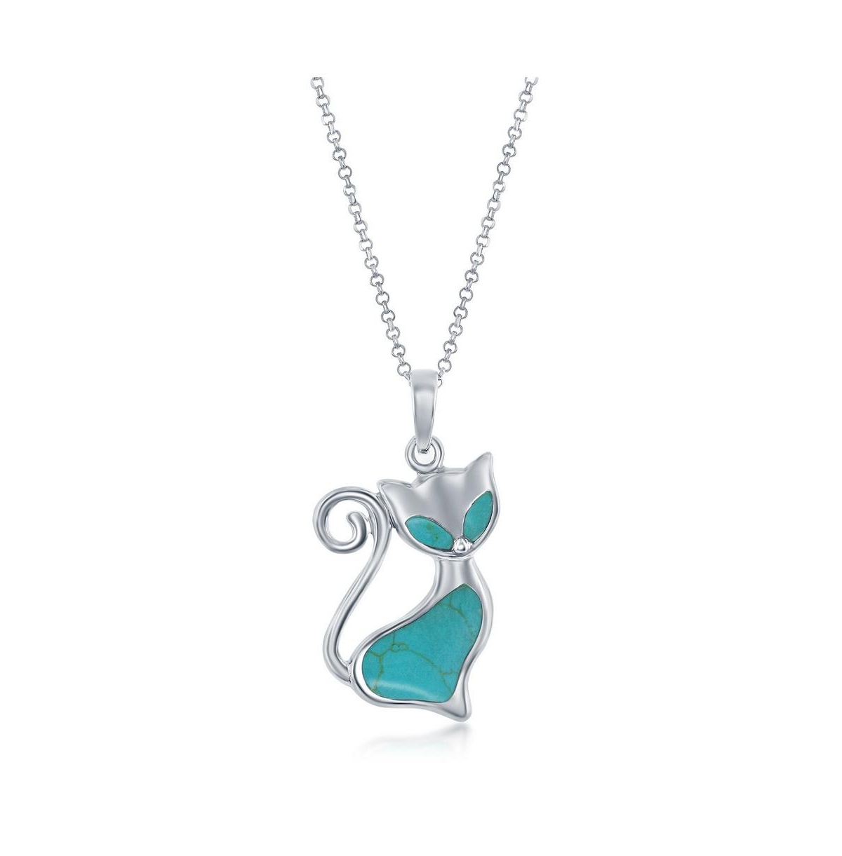 Sterling Silver Created Turquoise Cat Pendant - Turquoise/aqua