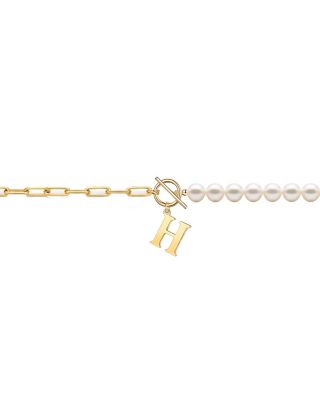 14K Gold Plated Toggle Clasp Initial Imitation Pearl Link Chain Necklace