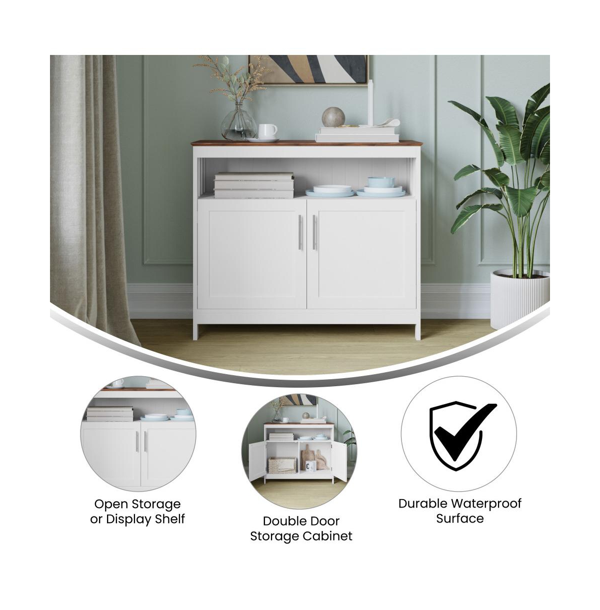 Merrick Lane Tanner Buffet And Sideboard With Storage Cabinet And Upper Shelf -white frame