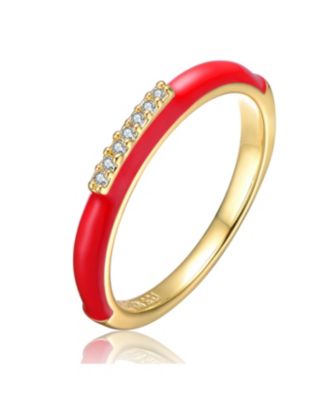 Girls/Teens Sterling Silver 14k Yellow Gold Plated with Cubic Zirconia Hot PInk Enamel Slim Stacking Band Ring