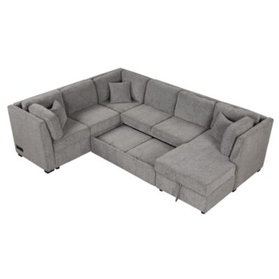 Modern U-Shape Sofa Bed with Power & USB, Storage
