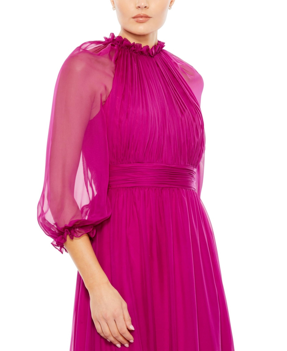 Mac Duggal Women's Chiffon Ruched Illusion Raglan Sleeve Ruffled Gown