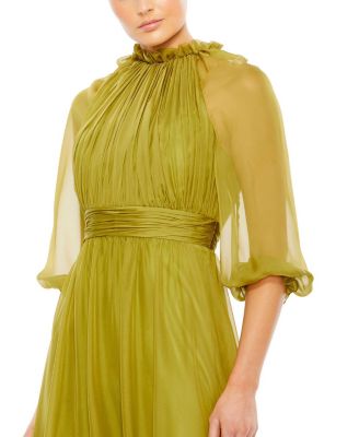 Women's Chiffon Ruched Illusion Raglan Sleeve Ruffled Gown