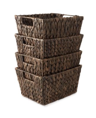 Set of 4 Water Hyacinth Storage Baskets with Handles - Espresso, 12" x 9" x 6" Rectangular Storage Bins for Organizing Shelves, Blankets, Laundry