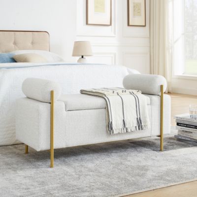 White linen upholstered bench with iron legs