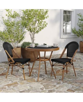 Mael Bistro Style Table With Tempered Glass Top, Textilene, And Bamboo Finished Metal Frame For Indoor/Outdoor Use