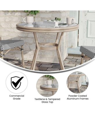 Mael Bistro Style Table With Tempered Glass Top, Textilene, And Bamboo Finished Metal Frame For Indoor/Outdoor Use