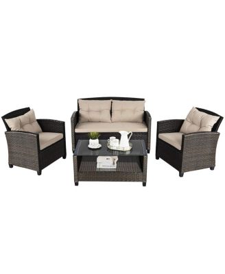 4 Pieces Patio Rattan Conversation Furniture Set with Glass Top Coffee Table