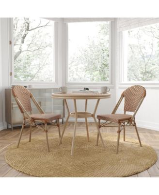 Mael Bistro Style Table With Glass Top, Textilene, 2 Stack Chairs, And Bamboo Finished Metal Frame For Indoor/Outdoor Use
