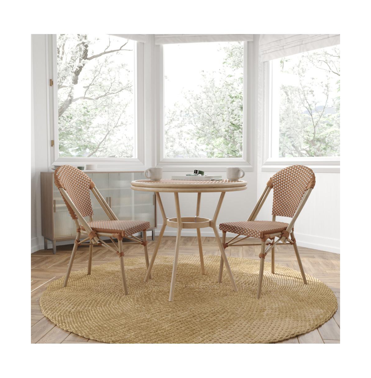 Merrick Lane Mael Bistro Style Table With Glass Top, Textilene, 2 Stack Chairs, And Bamboo Finished Metal Frame For Indoor/Outdoor Use