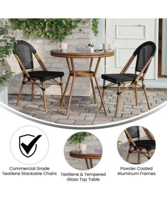 Mael Bistro Style Table With Glass Top, Textilene, 2 Stack Chairs, And Bamboo Finished Metal Frame For Indoor/Outdoor Use