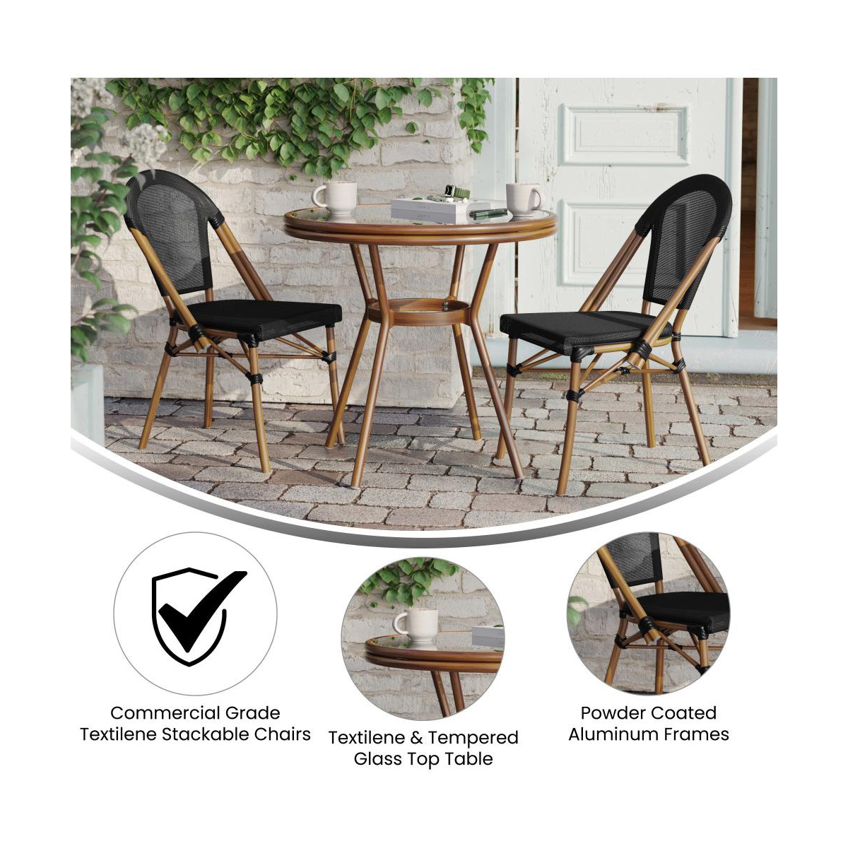 Merrick Lane Mael Bistro Style Table With Glass Top, Textilene, 2 Stack Chairs, And Bamboo Finished Metal Frame For Indoor/Outdoor Use