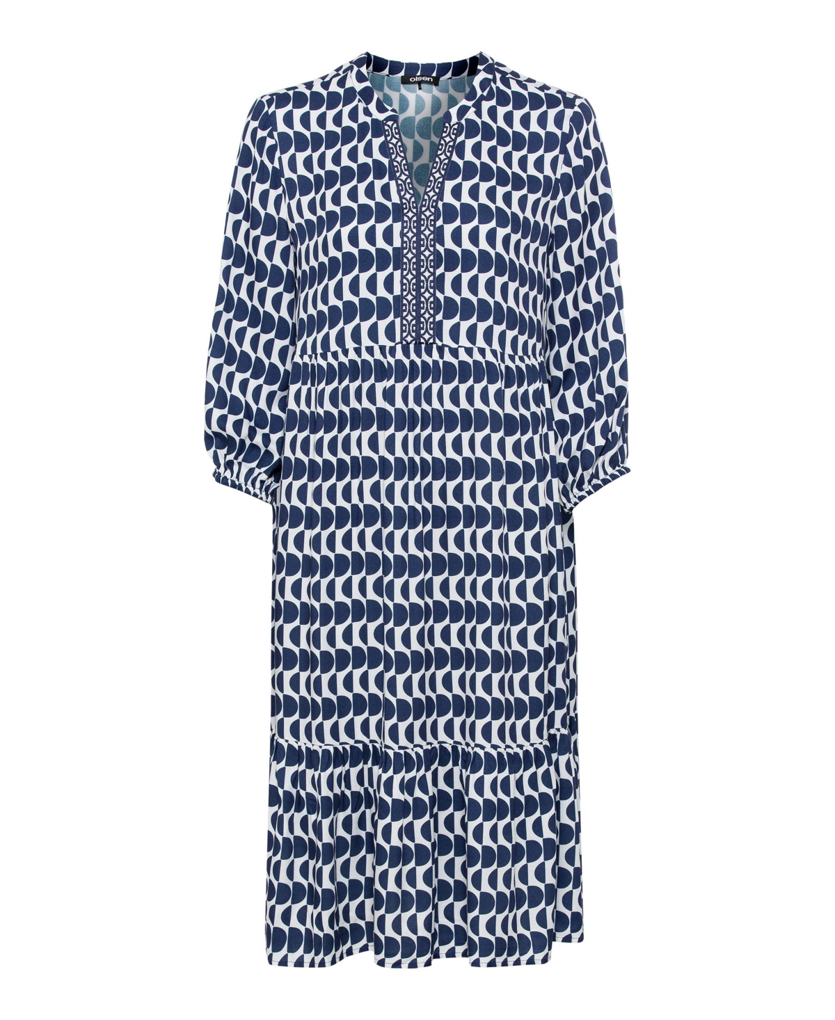 Olsen Women's 100% 3/4 Sleeve Tunic Geo Print Dress with Tiered Hem