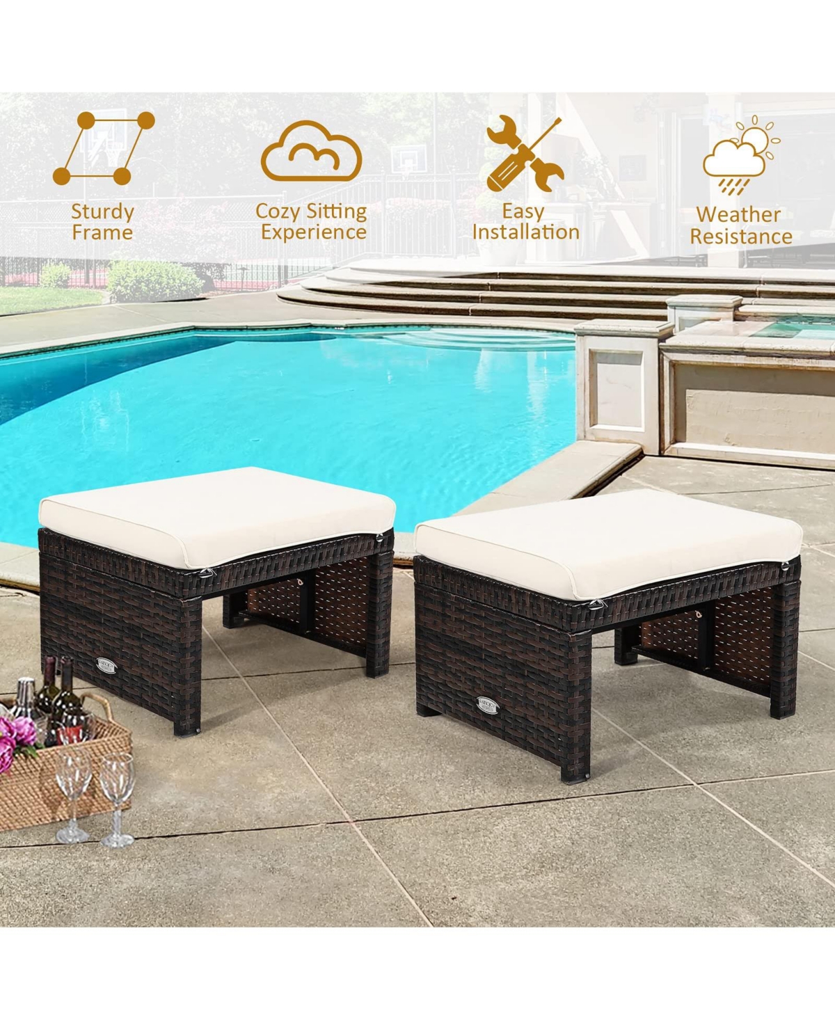 Sugift 2 Pieces Patio Rattan Ottomans with Soft Cushion for Patio and Garden