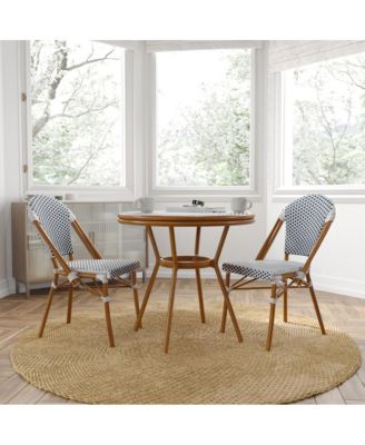 Mael Bistro Style Table With Glass Top, Textilene, 2 Stack Chairs, And Bamboo Finished Metal Frame For Indoor/Outdoor Use