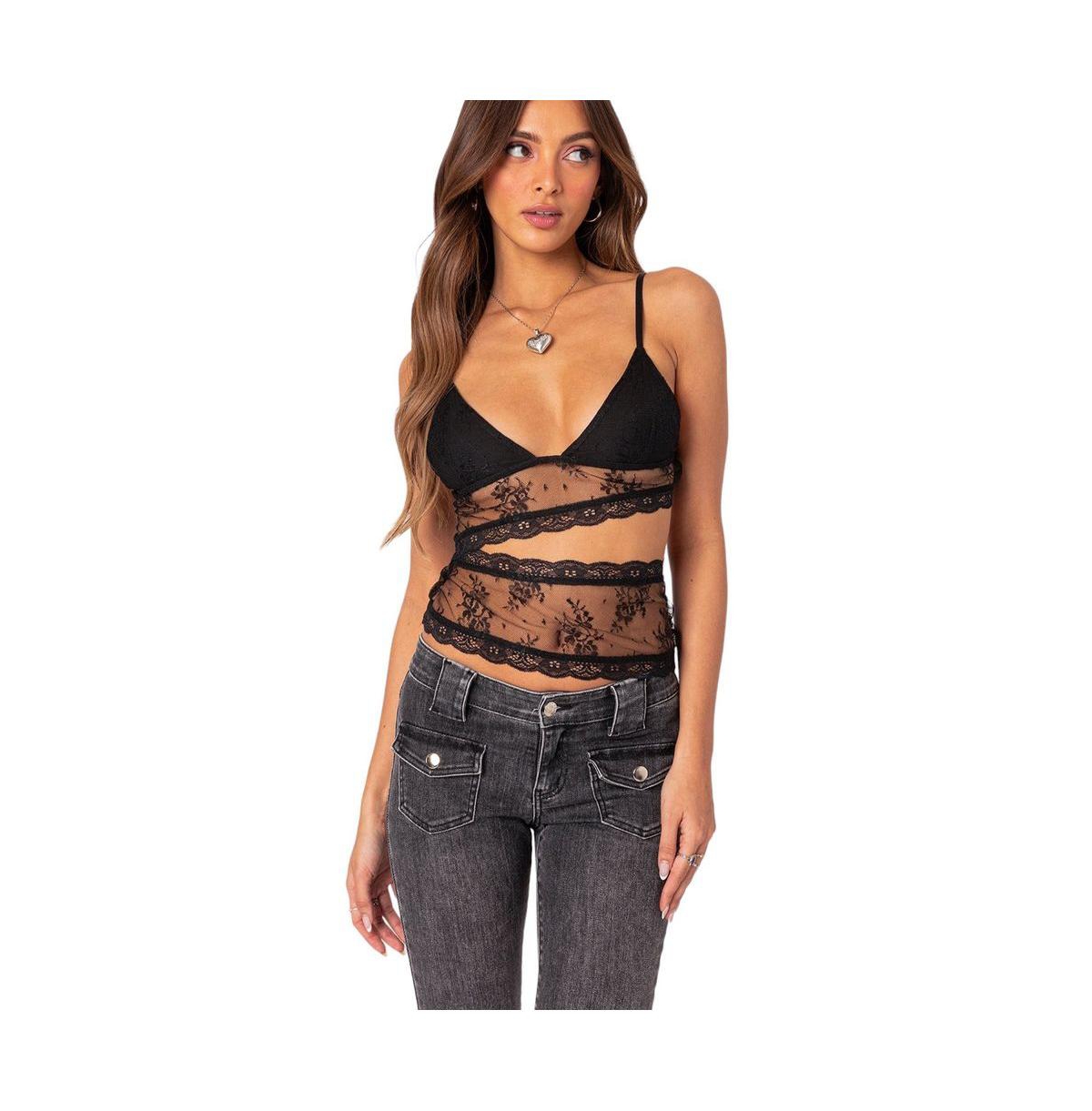Women's Spice Cut Out Sheer Lace Tank Top - Black