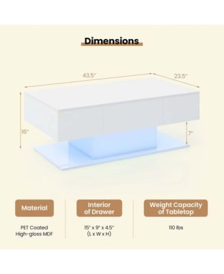 LED Coffee Table with 2 Drawers 20-Color Dimmable LED Lights & Remote Control