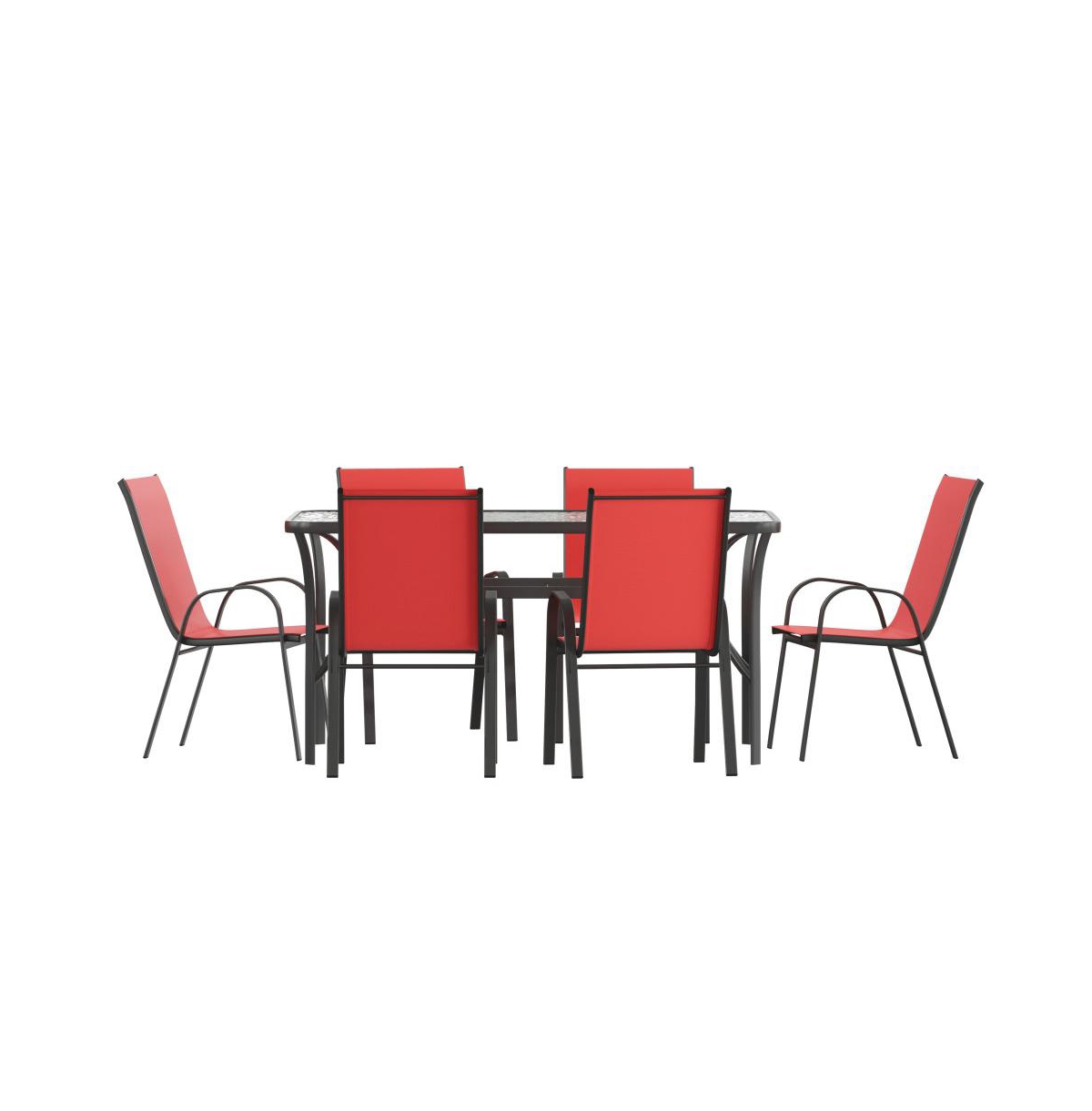 Merrick Lane Bardwell 7 Piece Outdoor Dining Table Set For 6 With Glass-Top Patio Table And 6 Stack Chairs With Flex Comfort Material