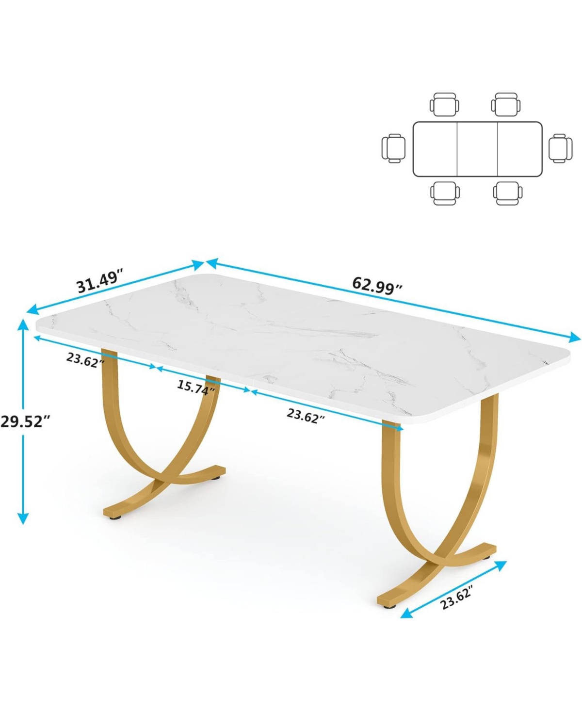 Tribesigns Rectangular Dining Table for 4 to 6, 63-Inch White and Gold Modern Kitchen Table with Faux Marble Table Top and Metal Legs for Dining Room