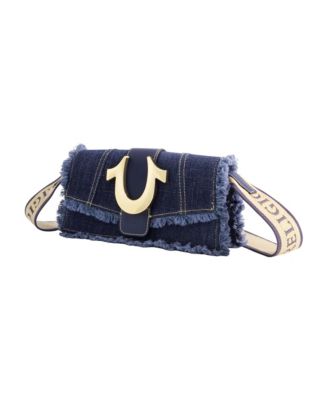 Frayed Denim Flap Bag with Logo Strap