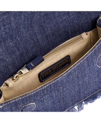 Frayed Denim Flap Bag with Logo Strap