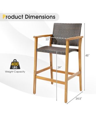 Set of 2 PE Wicker Patio Bar Chairs with Acacia Wood Armrests