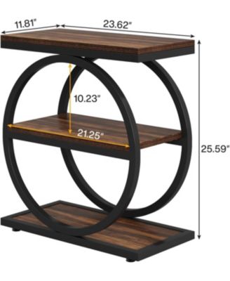 narrow with 3 shelves, wood and metal, slim end table for living room or bedroom nightstand use.