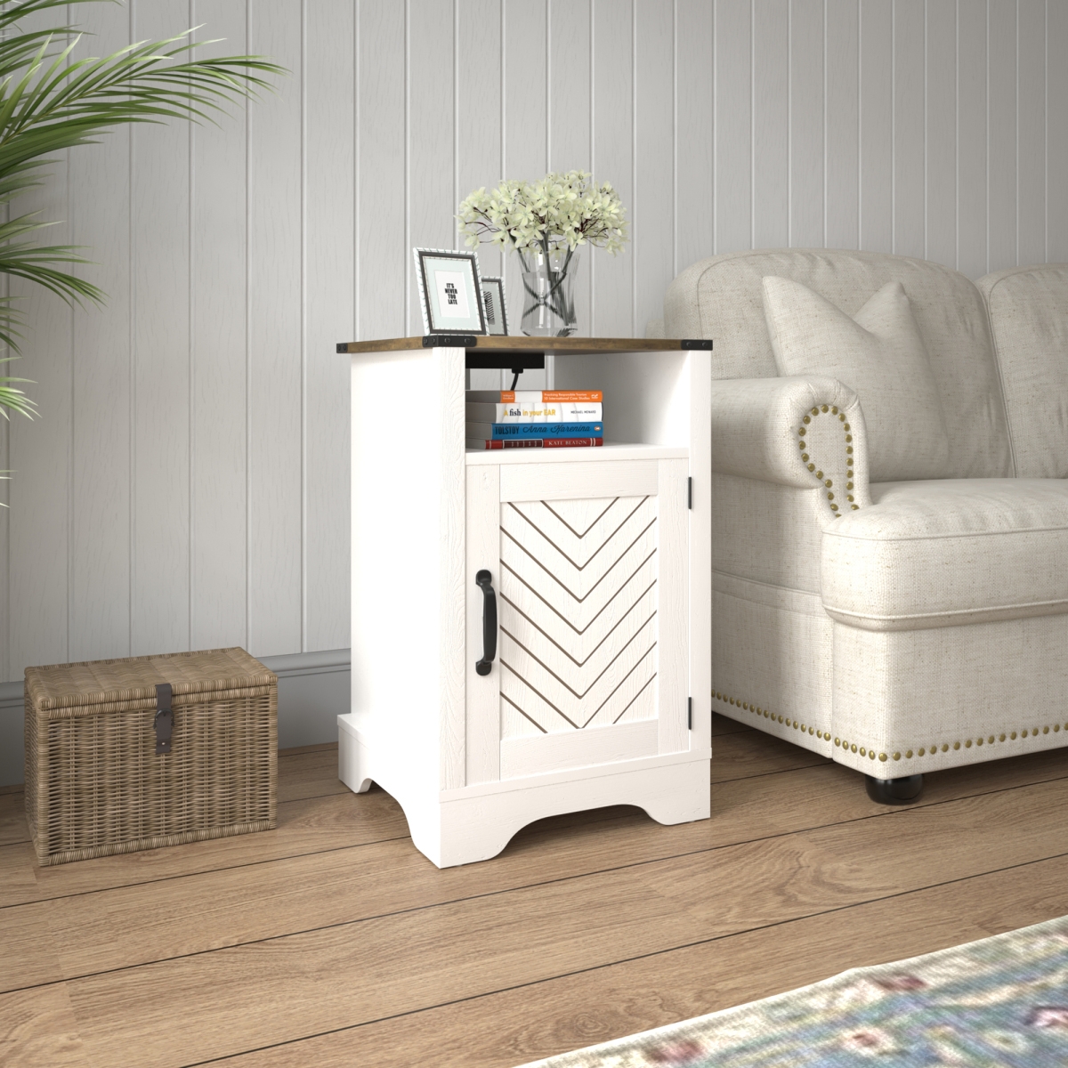 Streamdale Furniture Rustic Farmhouse Nightstand with Charging Station - White & Oak