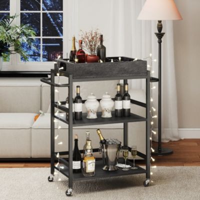 3-Tier Rolling Bar Cart with Removable Serving Tray, Metal Frame, and Lockable Wheels for Kitchen, Dining, or Living Room