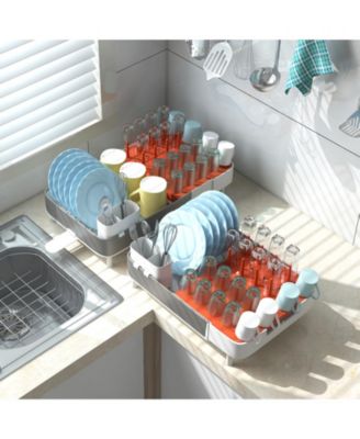 Expandable Dish Drying Rack Adjustable Dual-Part Dish Drainer with Detachable Utensil Holder