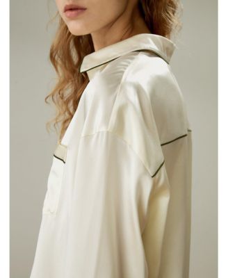 Women's Contrast Piping Button-Up Full Length Pajama Set