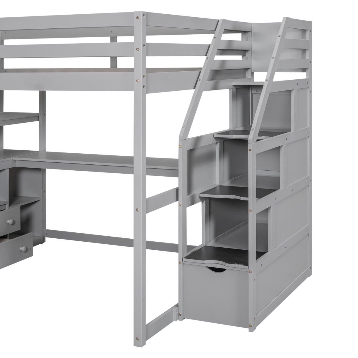 Simplie Fun Full Loft Bed With Desk And Shelves, Two Built-In Drawers, Storage Staircase, Gray