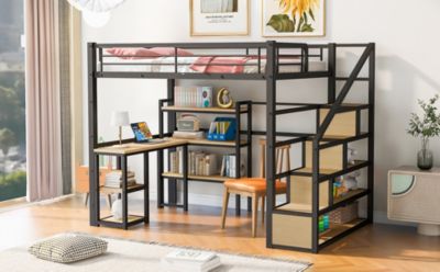Full Size Metal Loft Bed With Staircase, Built-In Desk And Shelves