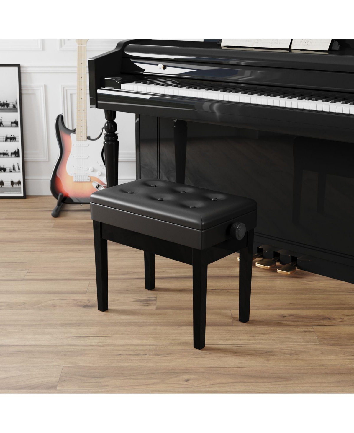 Slickblue Adjustable Wooden Piano Bench Stool with Sheet Music Storage- Black