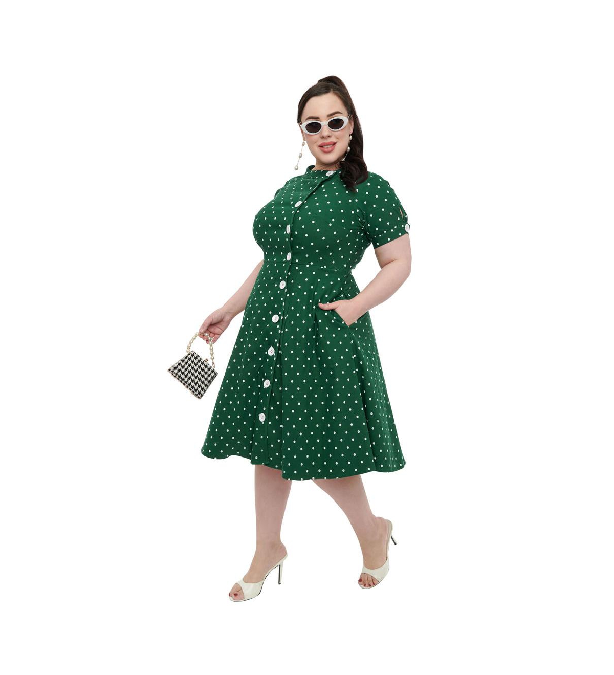 Plus Size 1950s Contrast Button Swing Dress - Green  white pin dot