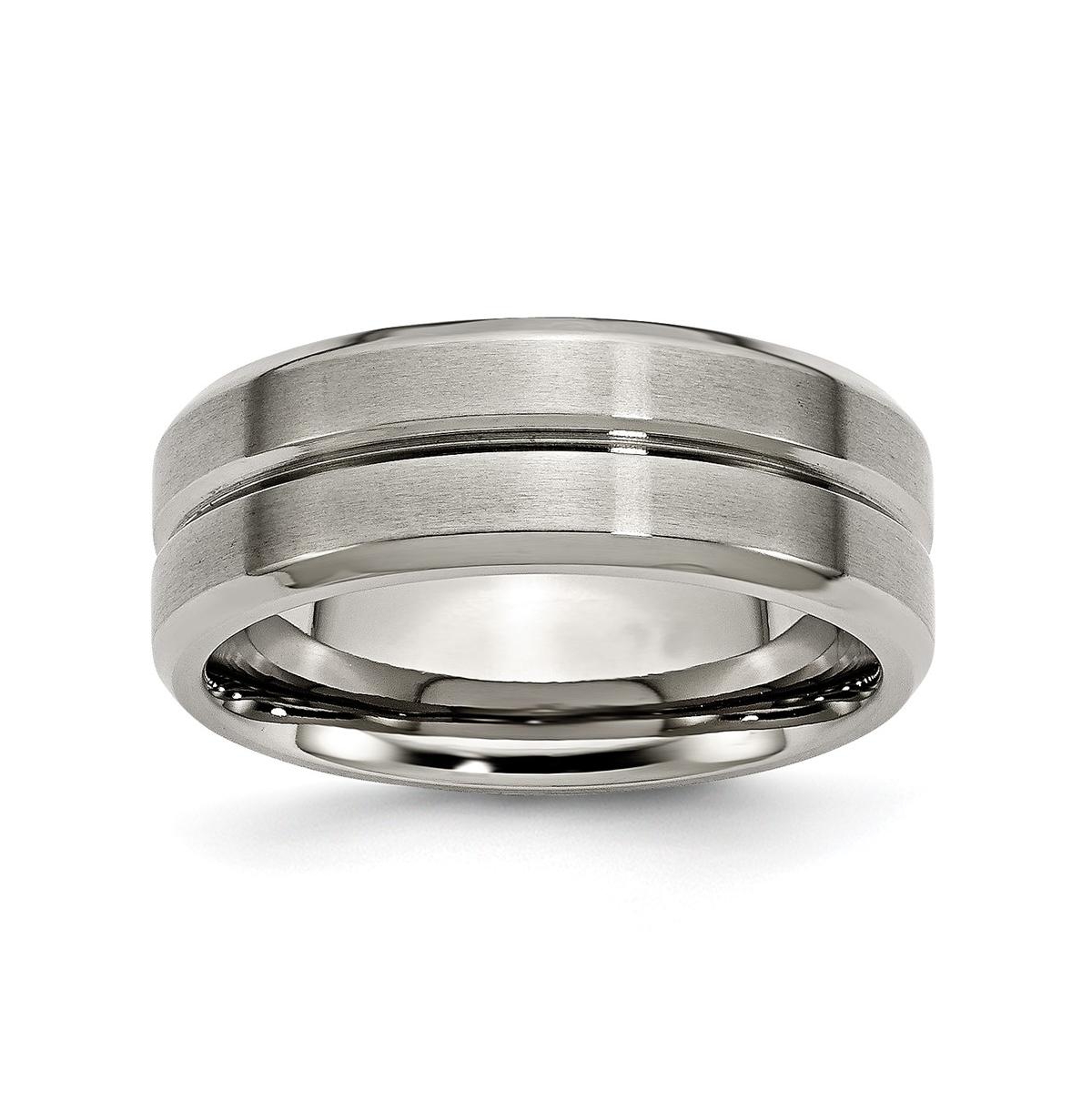Titanium Brushed Grooved Beveled Edge Wedding Band Ring - Grey