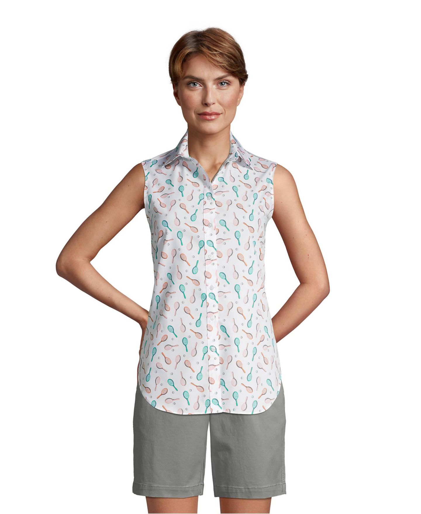 Женская рубашка Lands' End No Iron Supima Cotton Sleeveless, цвет: Белый с принтом — фото 1