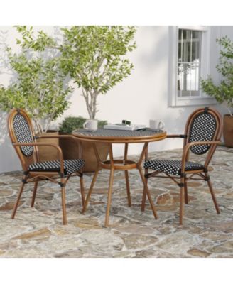 Celia Bistro Style Table With Glass Top, Pe Rattan, 2 Stack Chairs, And Bamboo Finished Metal Frame For Indoor/Outdoor Use