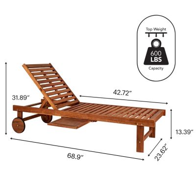Seabrook 69 x 24 Inch Outdoor Acacia Wood Lounger with Cushion, 5-Position Back, Slide Table & Wheels, Dark Brown