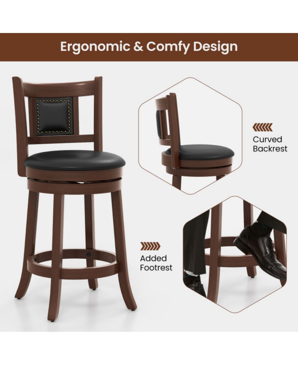 Sugift Upholstered Bar Stools Set of 2 with Curved Backrest and Footrest