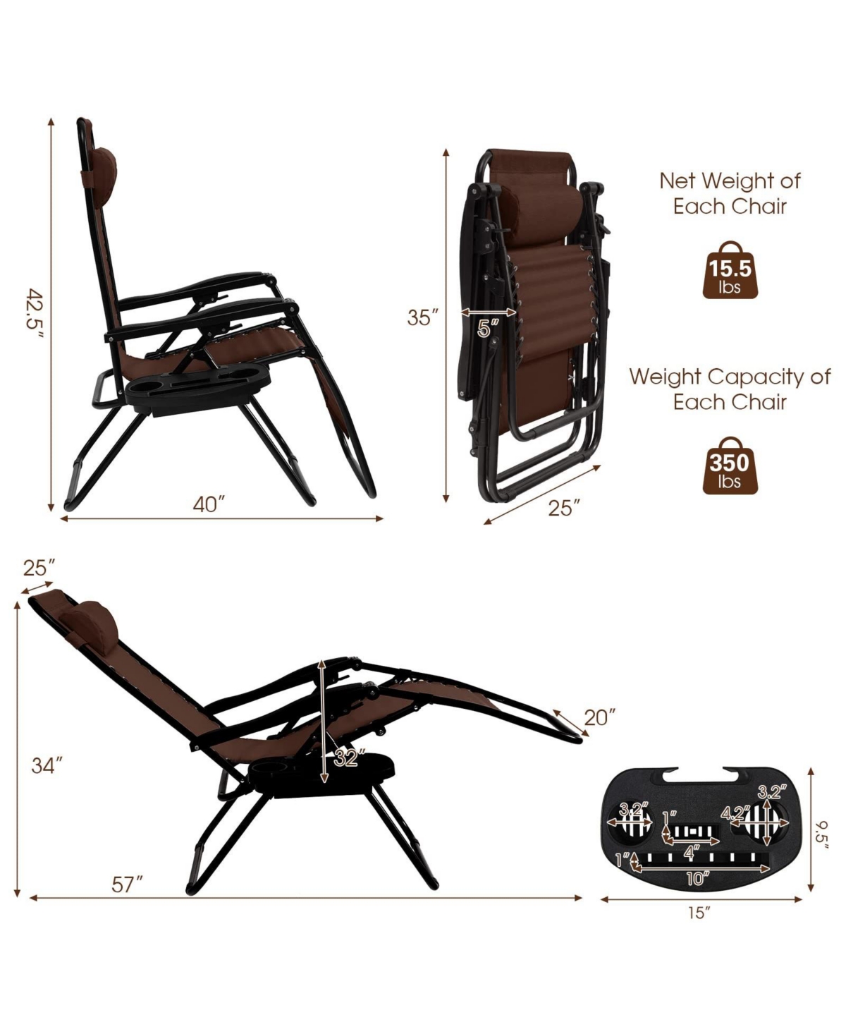 Inolait Sugift 2 Pieces Folding Lounge Chair with Zero Gravity