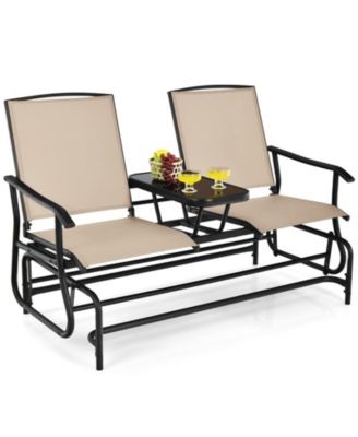 2-Person Double Rocking Loveseat with Mesh Fabric and Center Tempered Glass Table