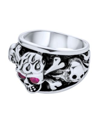 Biker Jewelry Gothic Caribbean Pirate Crossbones Multi Skull Heads Band Ring with Red CZ Eyes Oxidized Sterling Silver