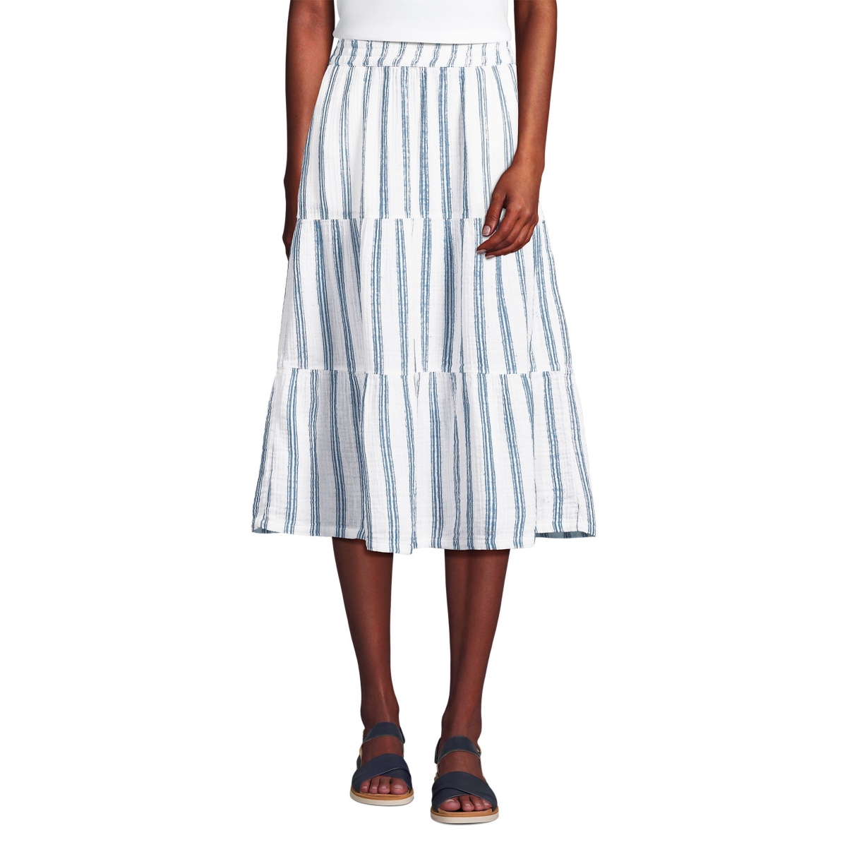 Women's High Rise Tiered Gauze Midi Skirt - Navy double stripe