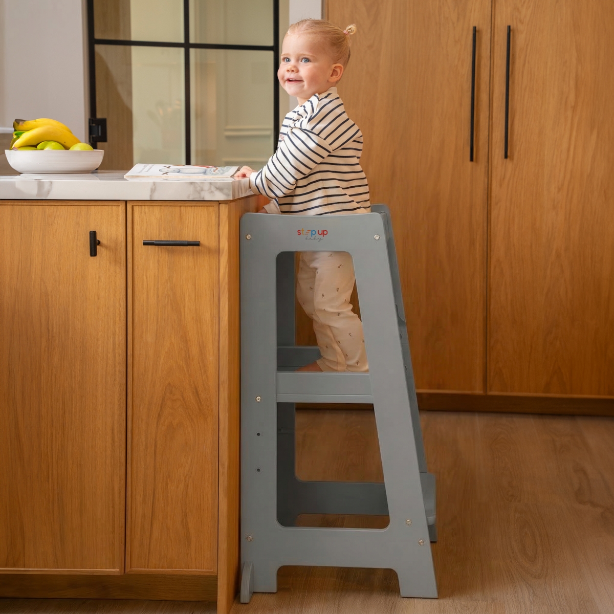 Stepup Baby Toddler Tower with Adjustable Step, White Montessori-Inspired Step Stool, Standing for Kids, Fits Under Kitchen Counters, Ad
